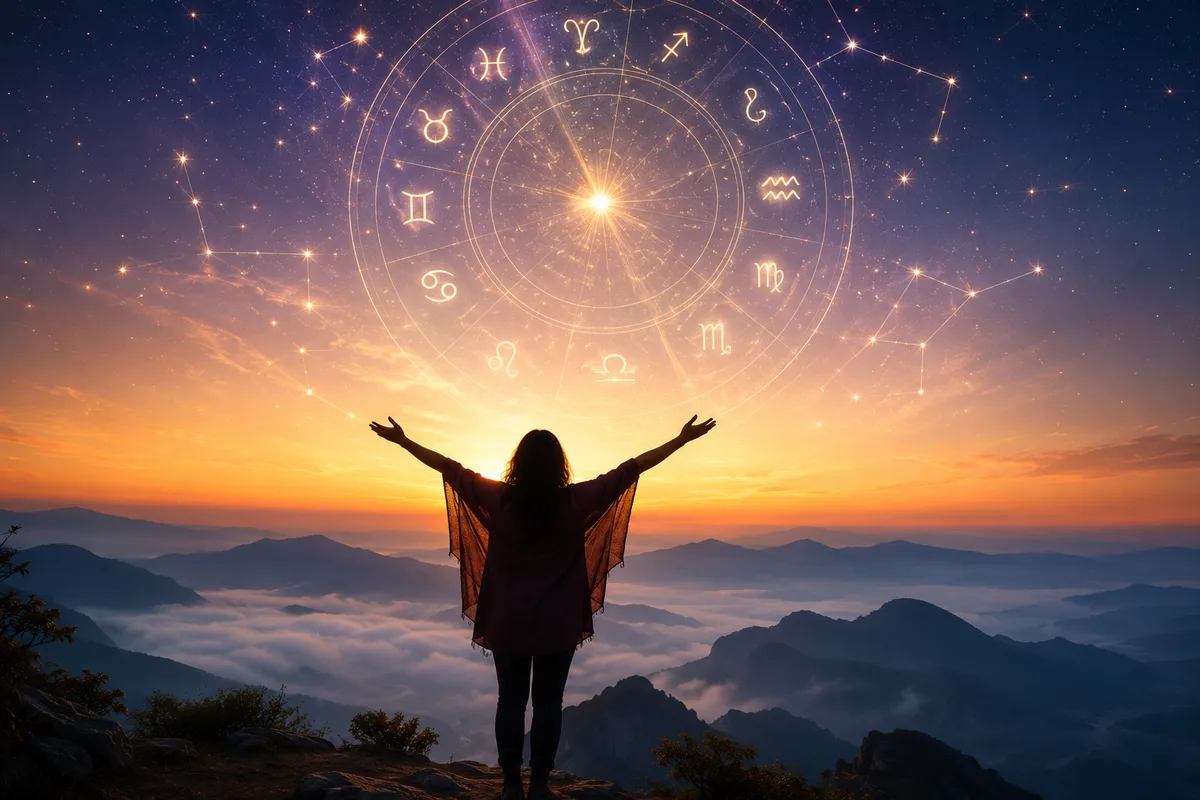 Your astrology language reading — Astrology: The Language of the Stars guidebook with zodiac wheel surrounded by candles and crystals